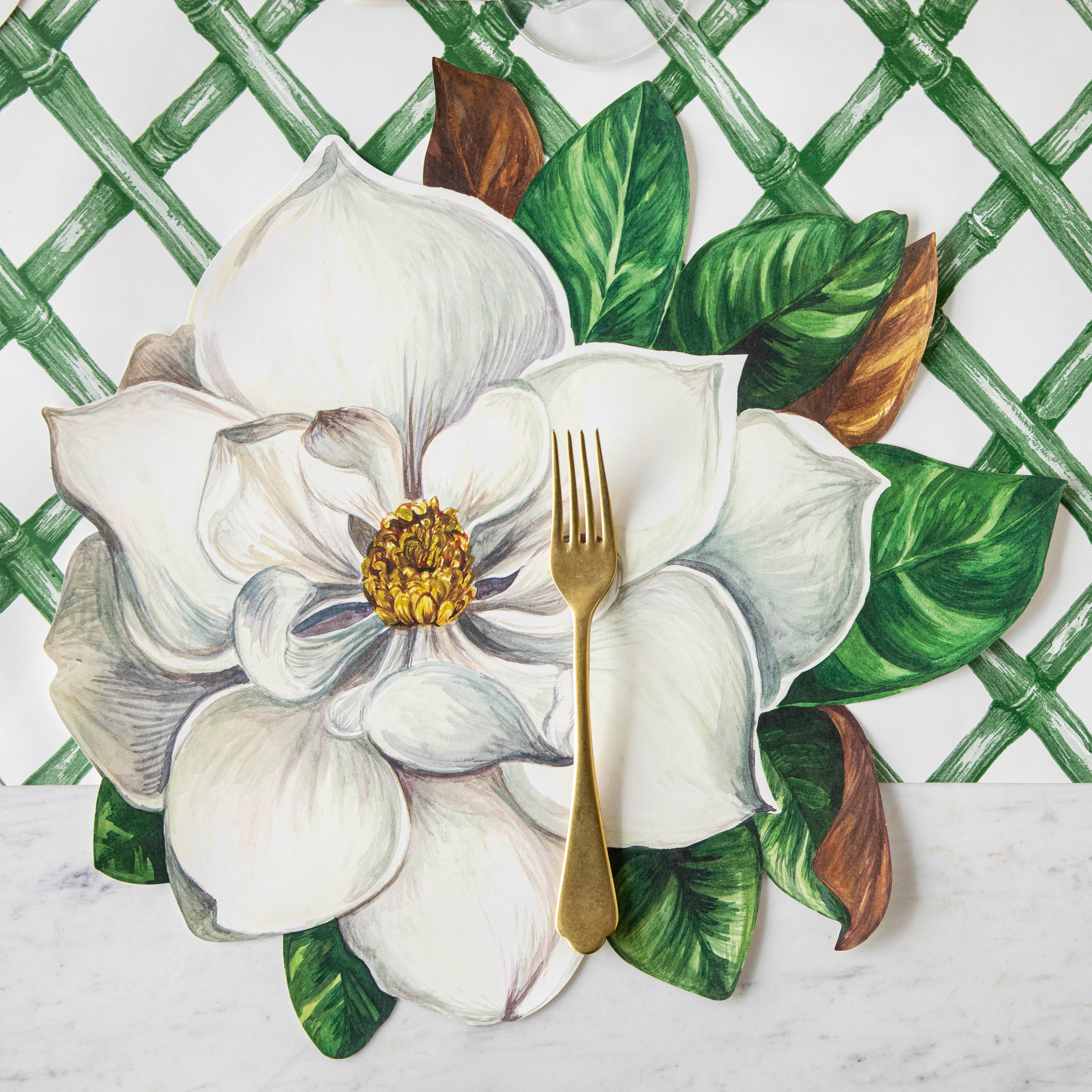 Hand-drawn, Hester & Cook Die-Cut Magnolia Placemats with a unique in-house design.