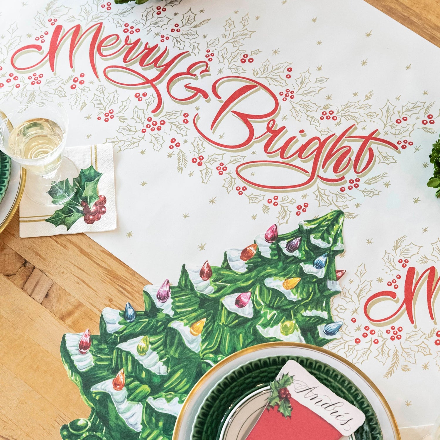 The Merry &amp; Bright Runner under a festive Christmas-themed table setting.
