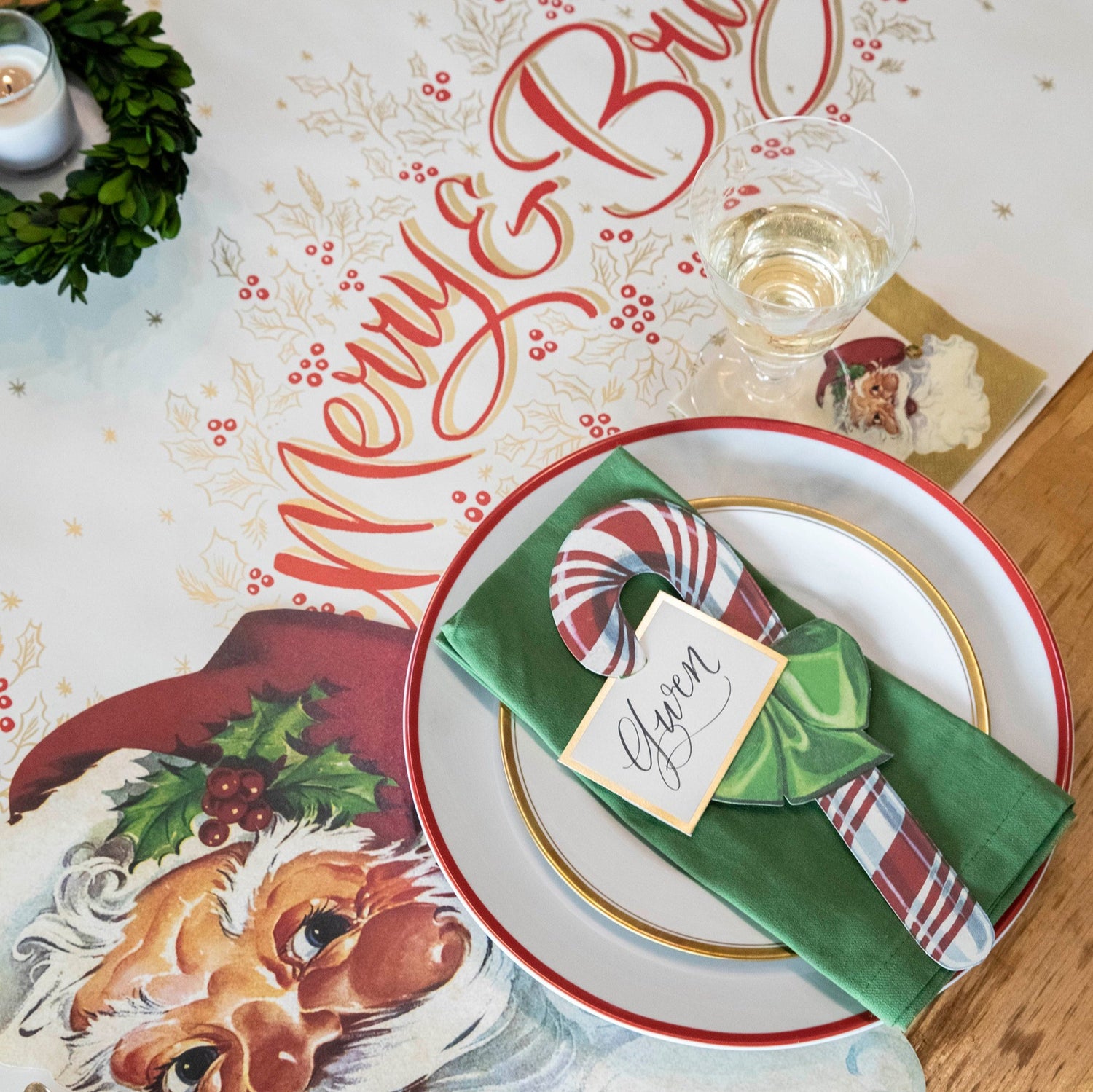 The Merry &amp; Bright Runner under a festive Christmas-themed table setting, from above.