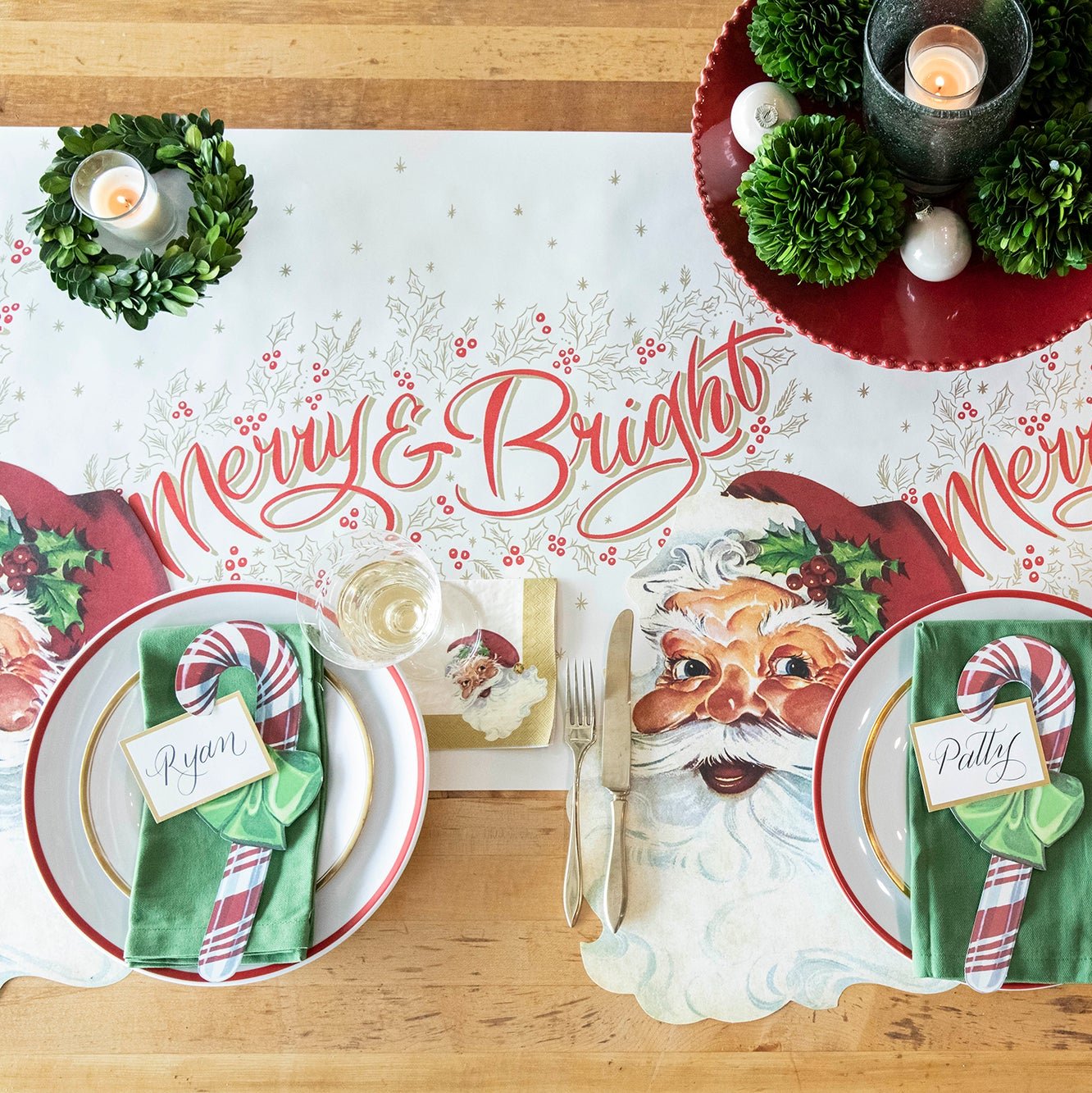 The Merry &amp; Bright Runner under a festive Christmas-themed table setting, from above.