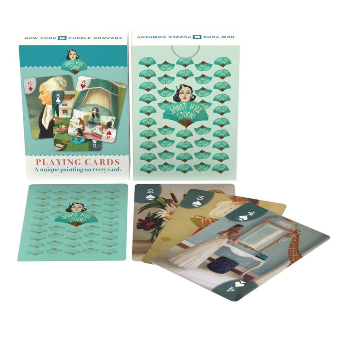 A set of Janet Hill Playing Cards featuring whimsical art prints of a woman by New York Puzzle Company.