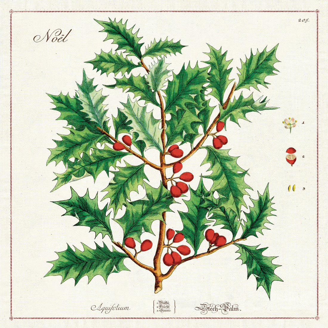 A holly leaf with red berries and leaves, depicted on 100% natural cotton Holly Napkins (set of 4) from the Cavallini Papers &amp; Co archives.