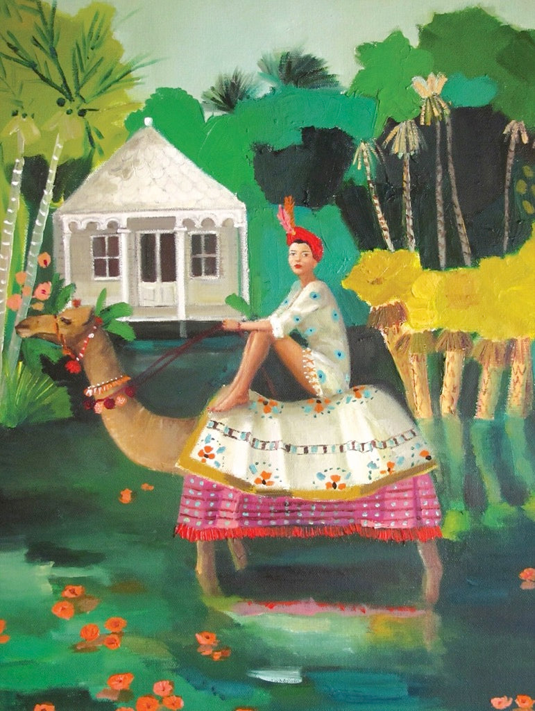Replace with: A Marigolds Puzzle by New York Puzzle Company, depicting a woman riding a camel in a pond.