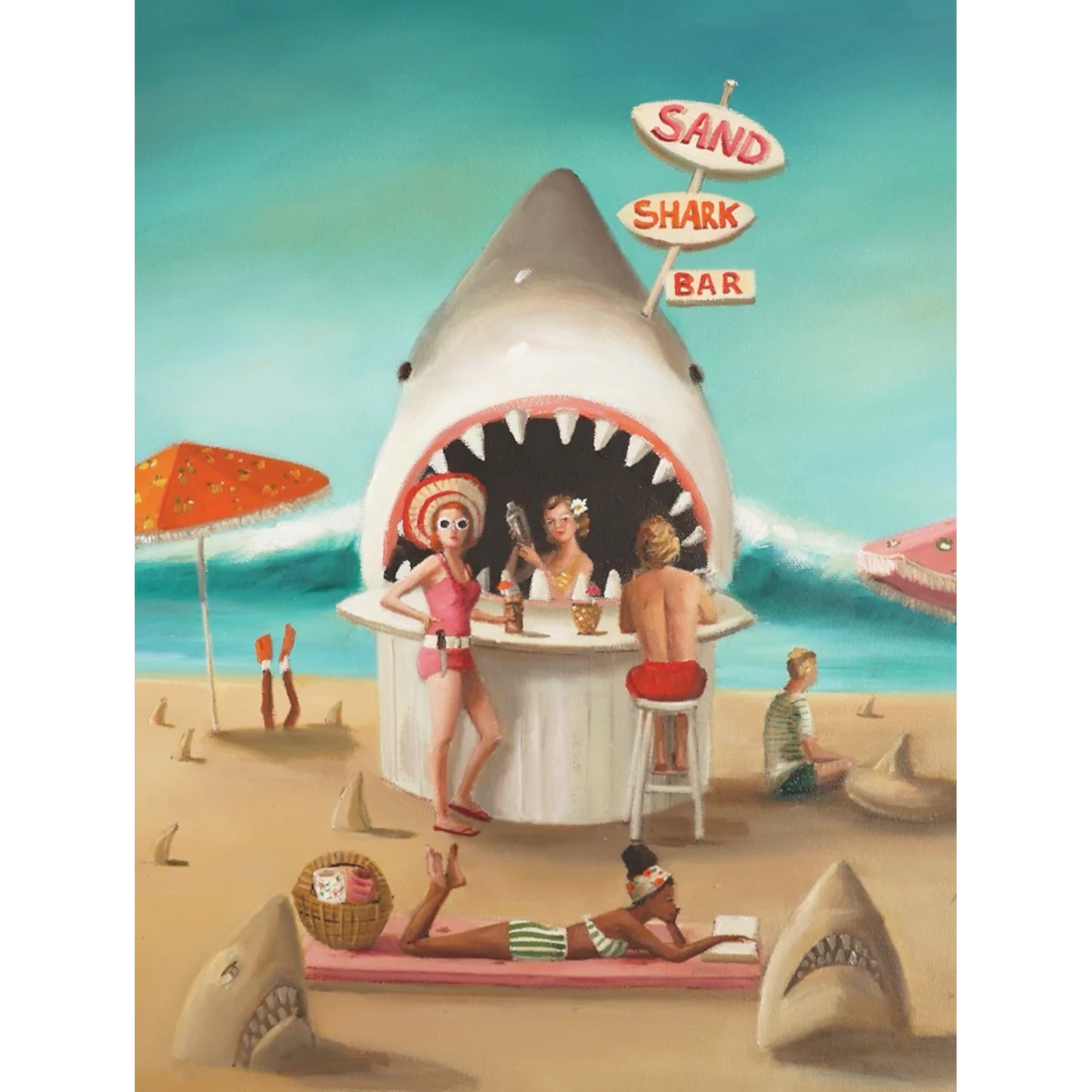 Beachgoers enjoying refreshments at a whimsical Sand Shark Bar depicted in a New York Puzzle Company jigsaw puzzle.
