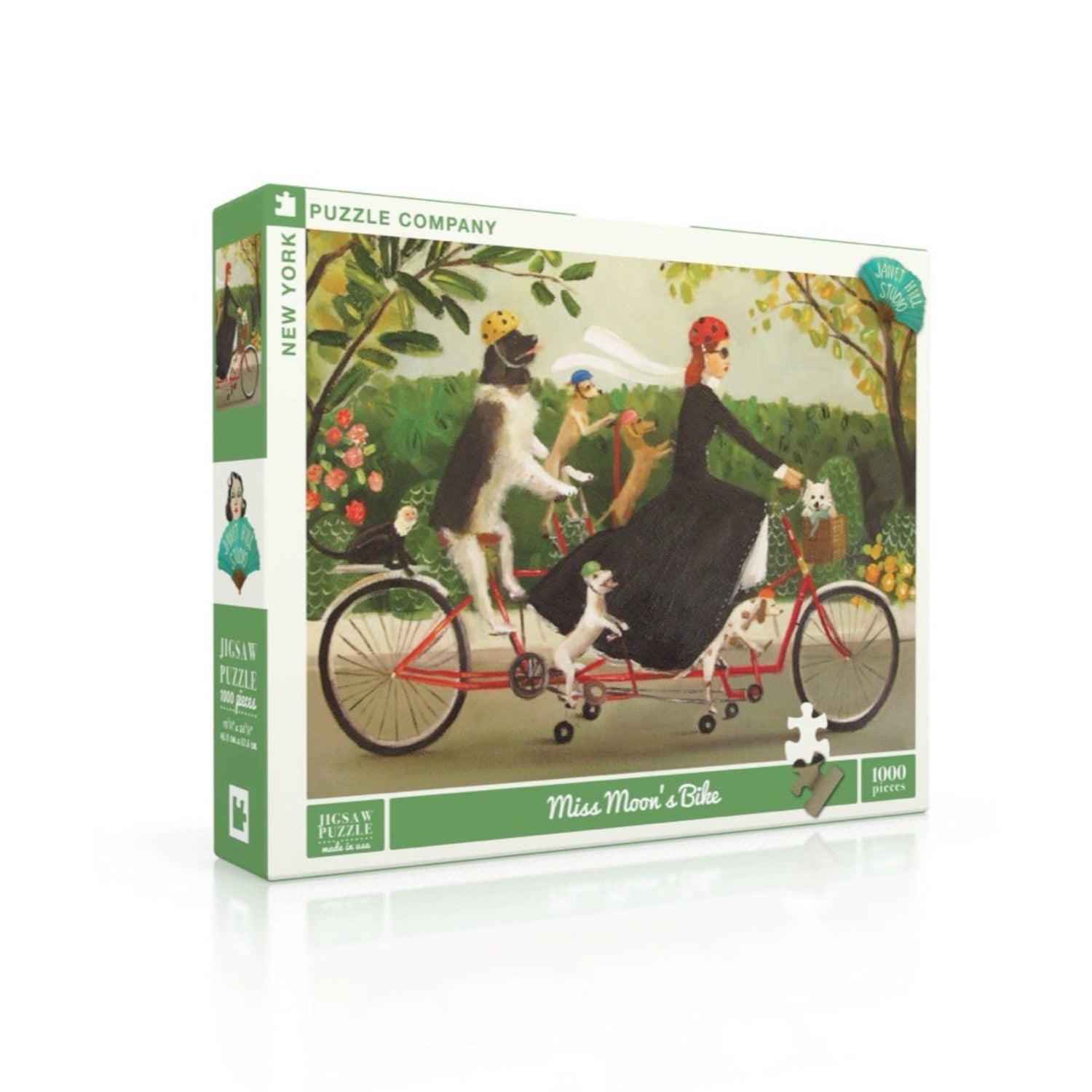 An illustration by artist Janet Hill of a woman and four dogs on a tandem bicycle riding through a garden featuring Miss Moon&