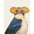A cream greeting card featuring a funny illustration of a blue bird wearing a peanut shell as a mask.