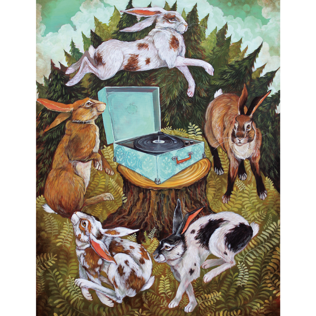 A whimsical illustration of five rabbits in various patterns of brown, white and black, dancing around a record player sitting on a tree stump in the forest.
