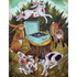 A whimsical illustration of five rabbits in various patterns of brown, white and black, dancing around a record player sitting on a tree stump in the forest.