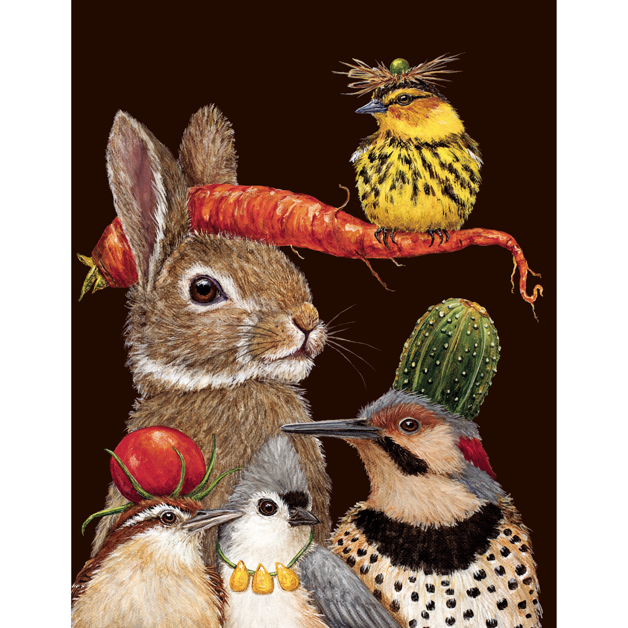 A greeting card featuring a charming illustration of a rabbit and four bird friends, all wearing botanical hats and accessories over a dark brown background.