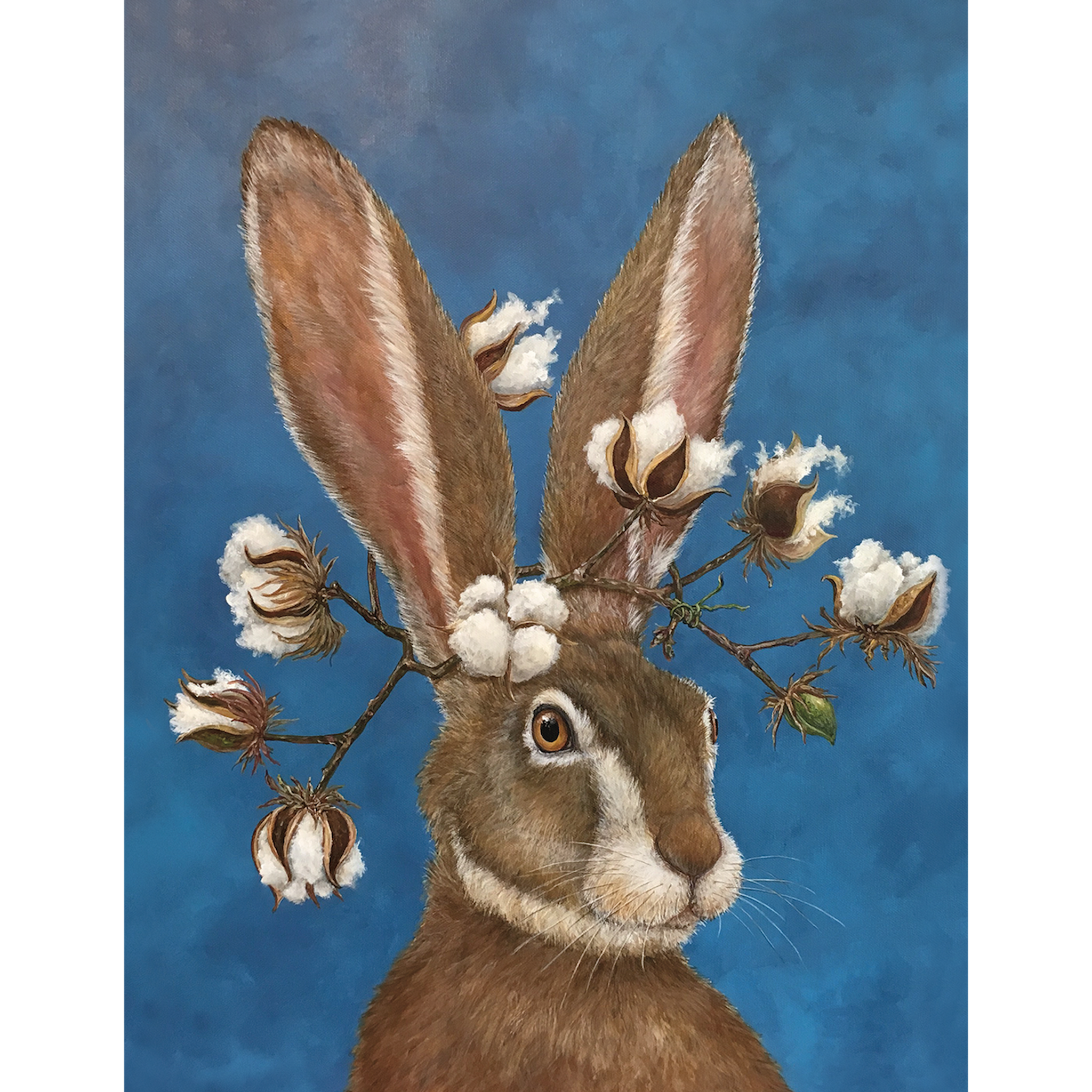 A blue greeting card featuring an illustration of a brown hare wearing a crown of cotton bowls on its head. 