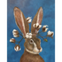 A blue greeting card featuring an illustration of a brown hare wearing a crown of cotton bowls on its head. 