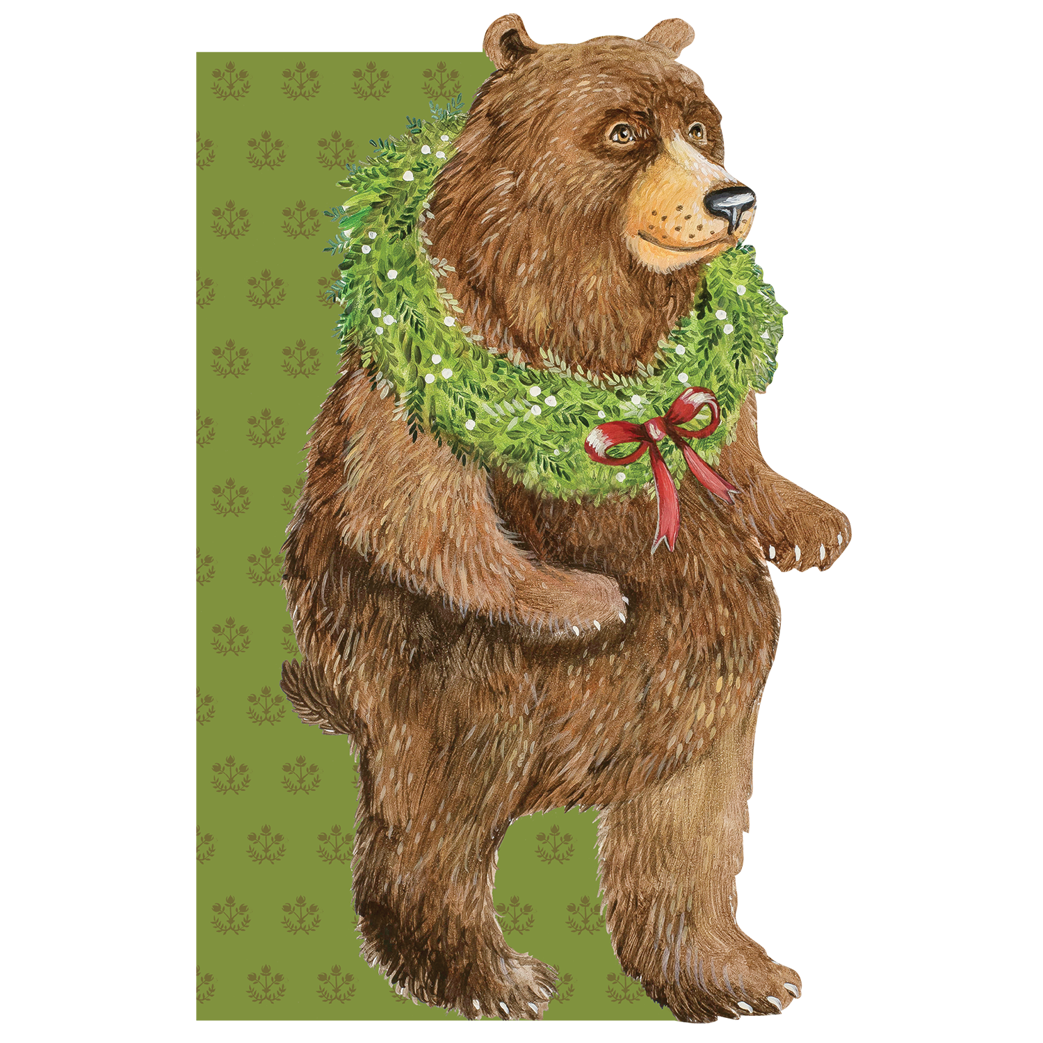 A die-cut whimsical illustration of a brown bear standing on hind legs wearing a green wreath with a red bow around their neck, over a green patterned background where the bear extends beyond the rectangular edges of the card.
