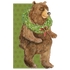 A die-cut whimsical illustration of a brown bear standing on hind legs wearing a green wreath with a red bow around their neck, over a green patterned background where the bear extends beyond the rectangular edges of the card.