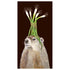 A dark brown greeting card featuring a groundhog wearing a bunch of green onions on his head like a hat.