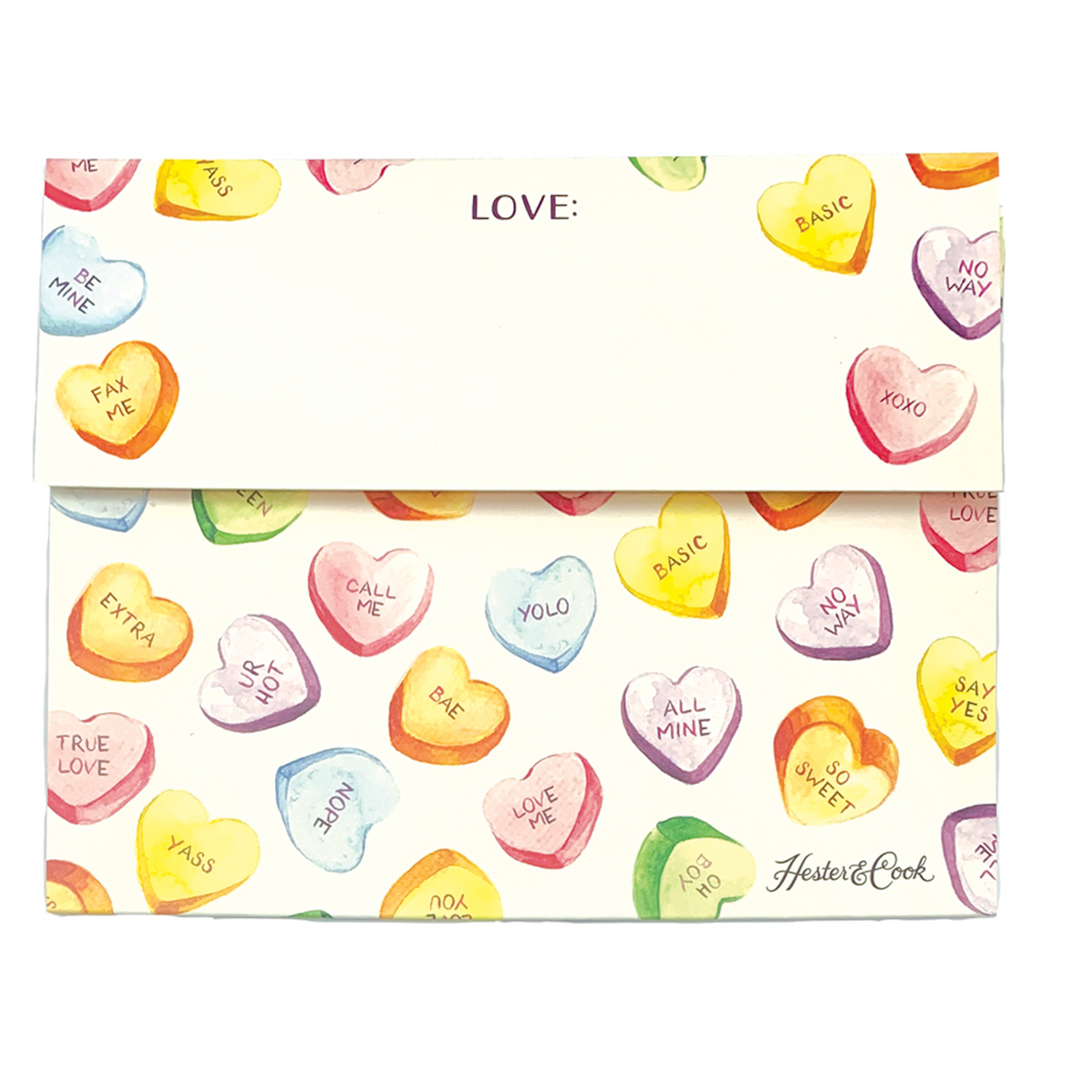 Hester & Cook Conversation Hearts Fold Note notepad with self-adhesive strip for easy mailing.