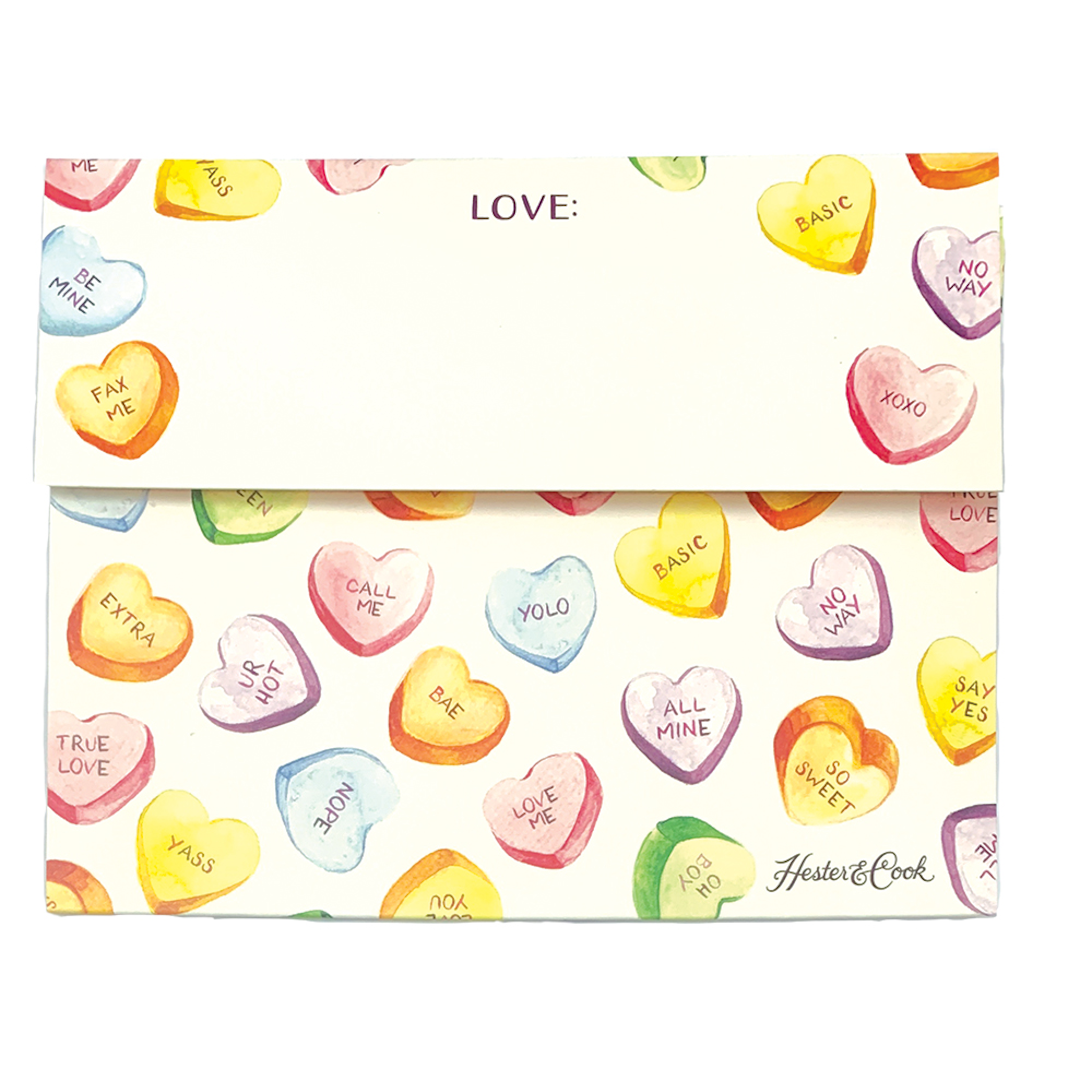Hester & Cook Conversation Hearts Fold Note notepad with self-adhesive strip for easy mailing.