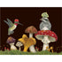 A greeting card with an illustration of two birds and various colorful mushrooms on a dark brown background.