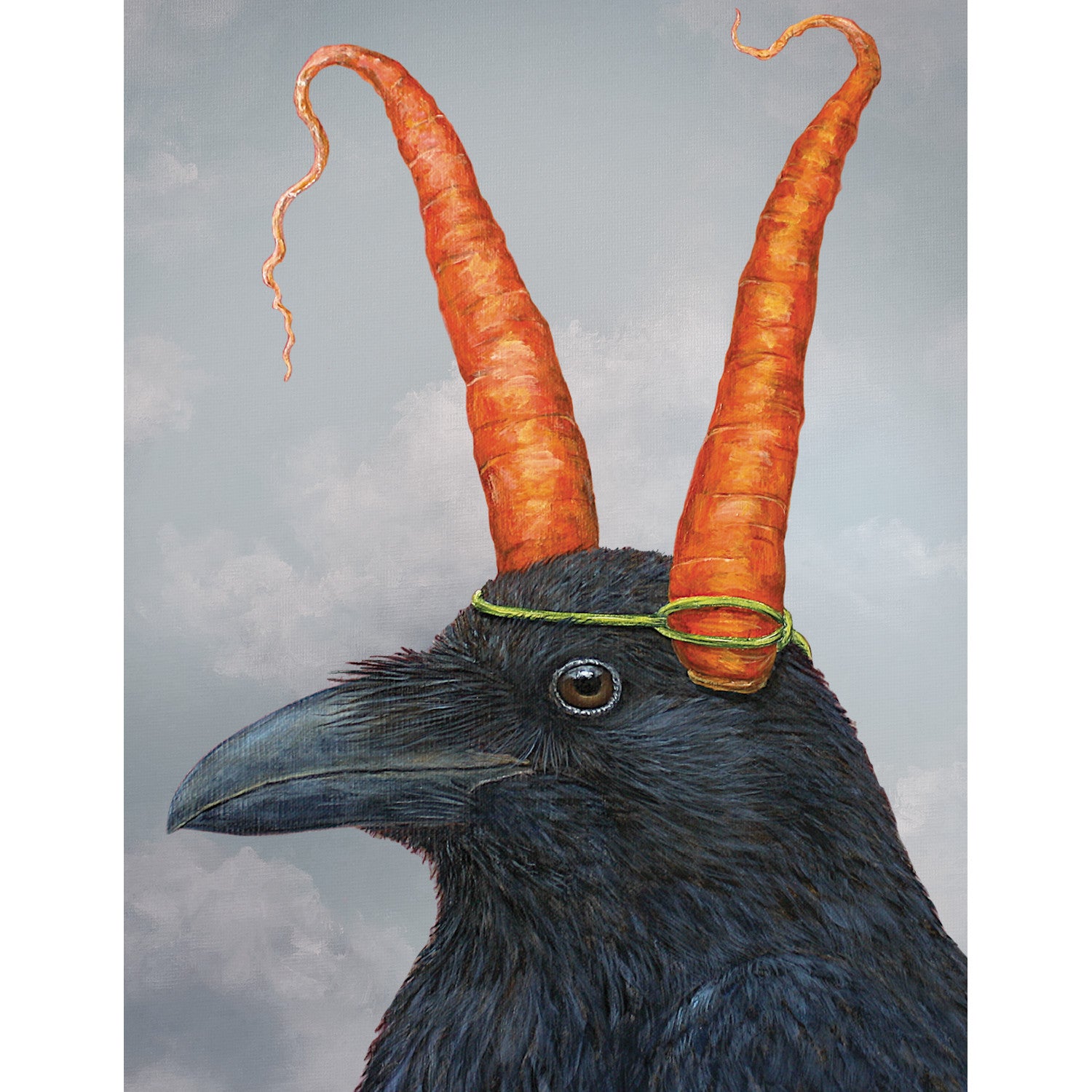 A cloudy gray greeting card featuring a charming illustration of a black raven wearing two carrots on its head like ears. 