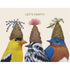 A cream greeting card featuring a whimsical illustration of three songbirds wearing botanical party hats, with gold foil text reading "LET&