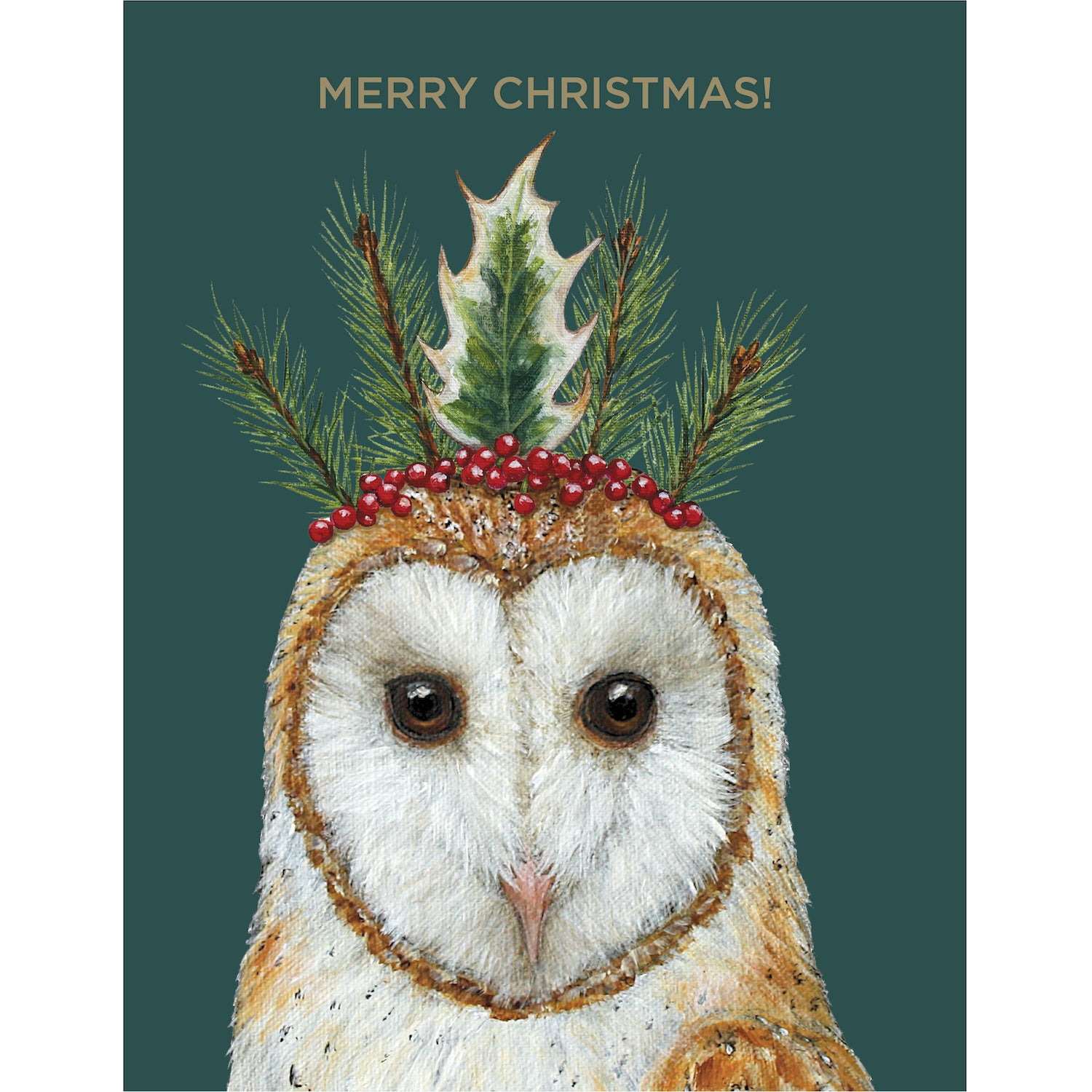 A dark green greeting card featuring a charming illustration of an owl&