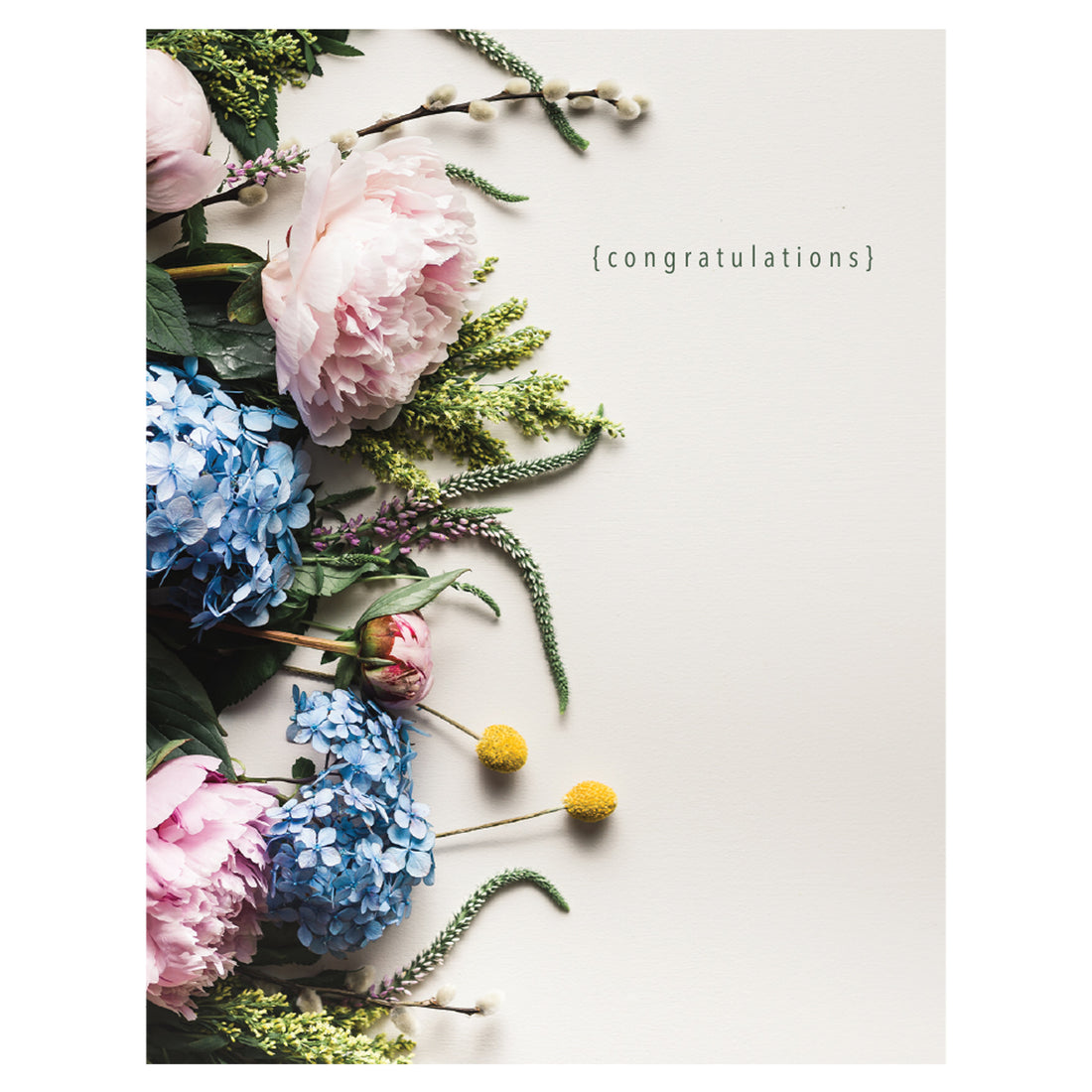 A photo of various flowers and botanicals in blue, pink, green and yellow entering the frame from the left side of the off-white background with "{congratulations}" printed in the top right.