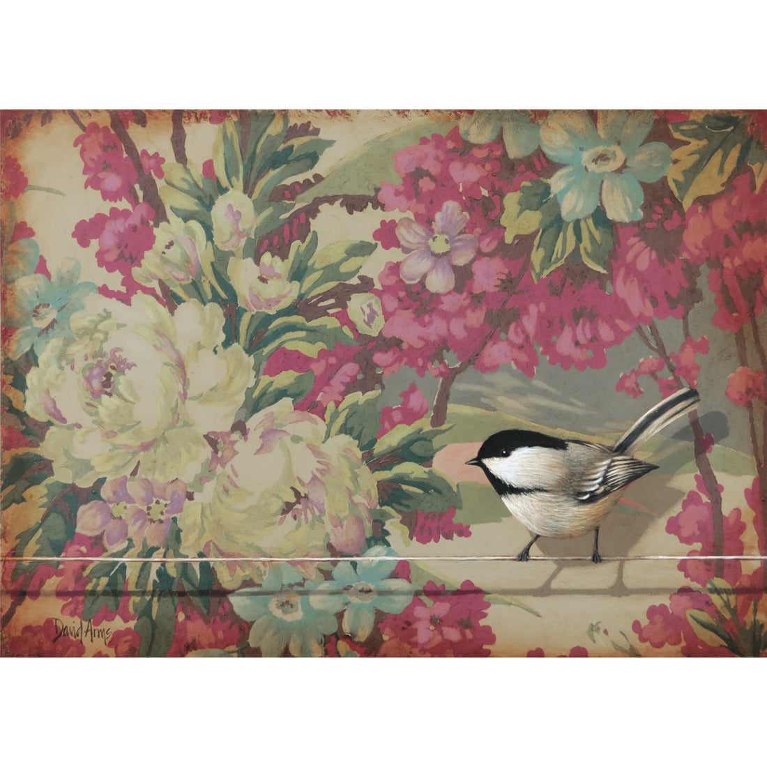 An illustration of a chickadee resting on a horizontal stretch of twine over a vintage-style floral background.