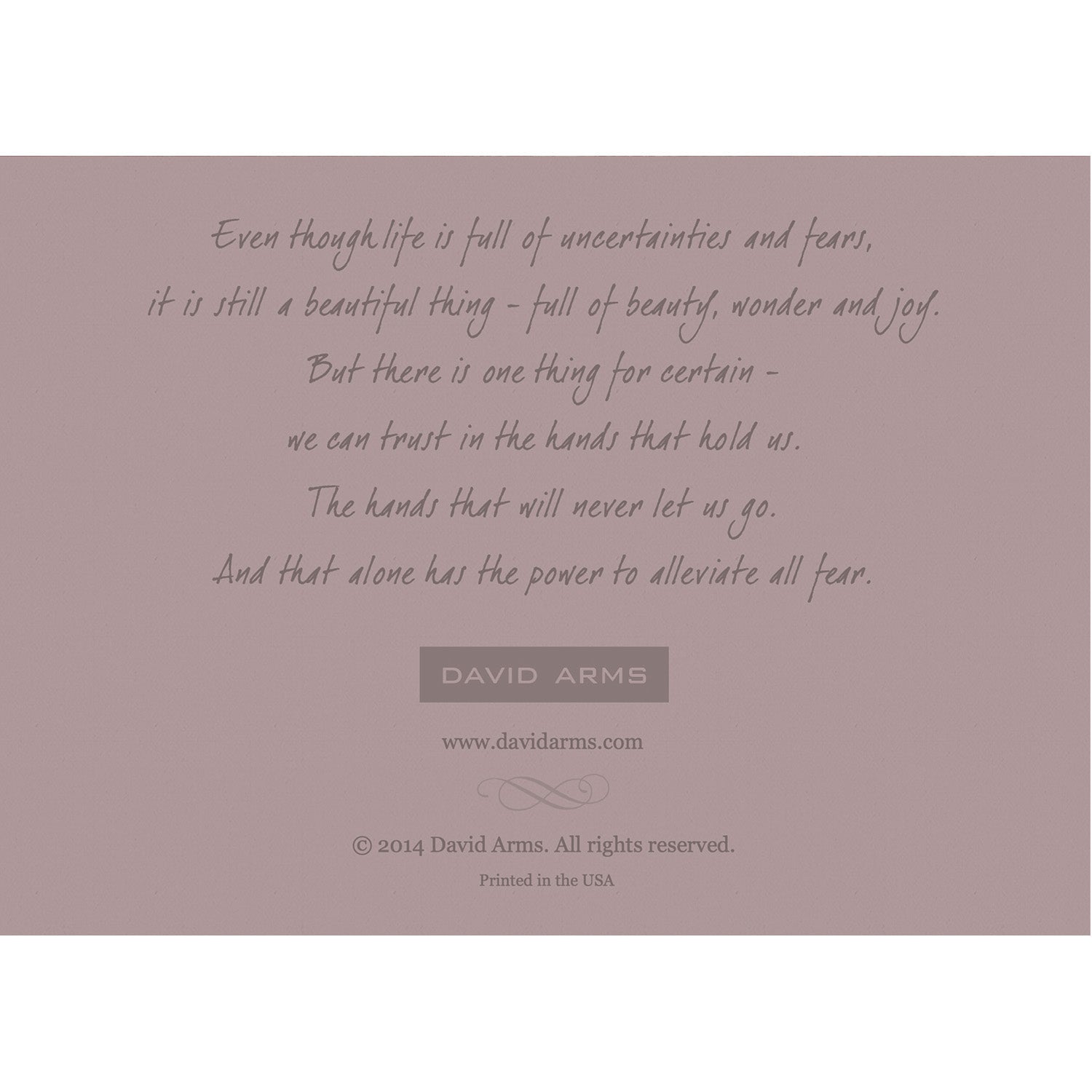 The gray back side of the greeting card featuring a quote from artist David Arms.