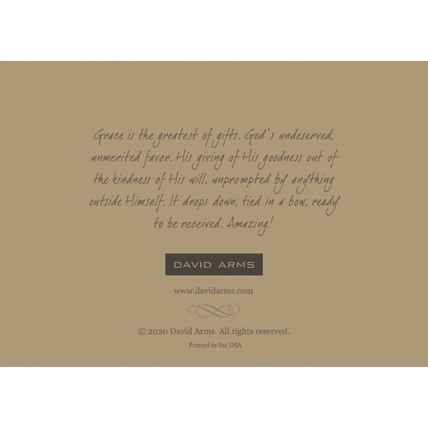 The tan back side of the greeting card, featuring a quote from artist David Arms.