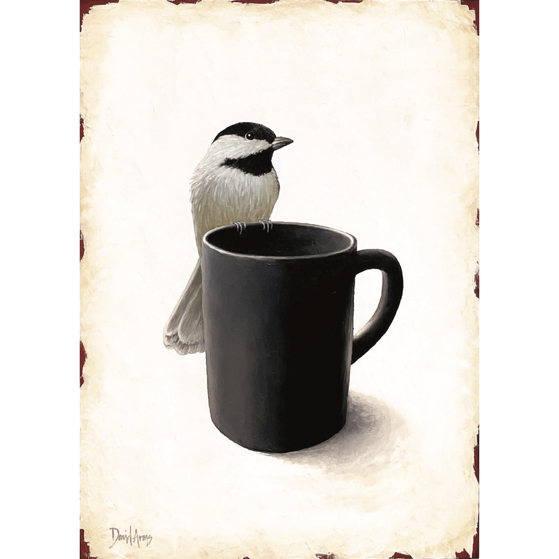 An illustration of a chickadee resting on the edge of a black coffee cup over a light tan background with patinaed edges.