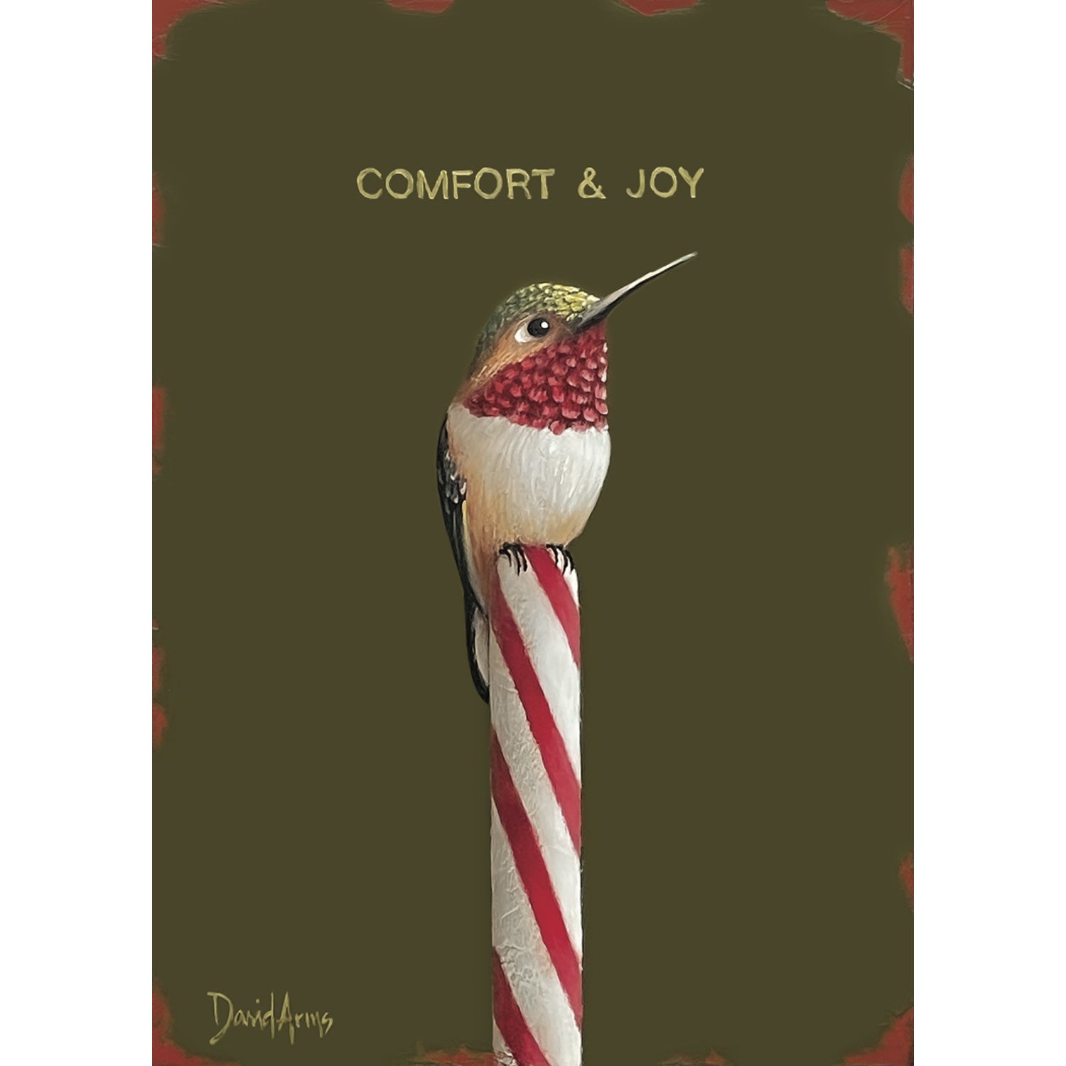 An illustration of a white, red and green hummingbird resting on the tip of a candy cane over an olive green background, "COMFORT & JOY" printed in yellow above the bird.