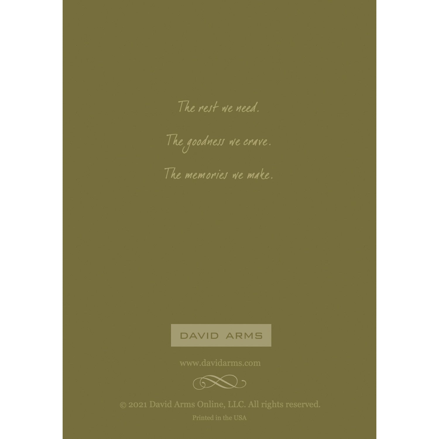 The olive green back side of the greeting card, featuring a quote from artist David Arms.