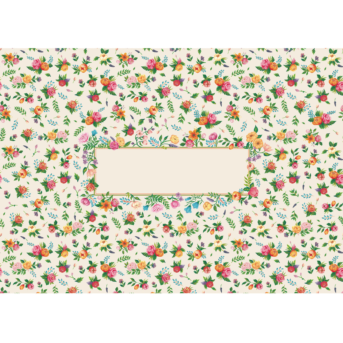 A paper runner roll featuring a pattern of small, illustrated pink and orange flowers and green leaves, scattered on a white background, with a blank open framed area in the center for a personalized message.