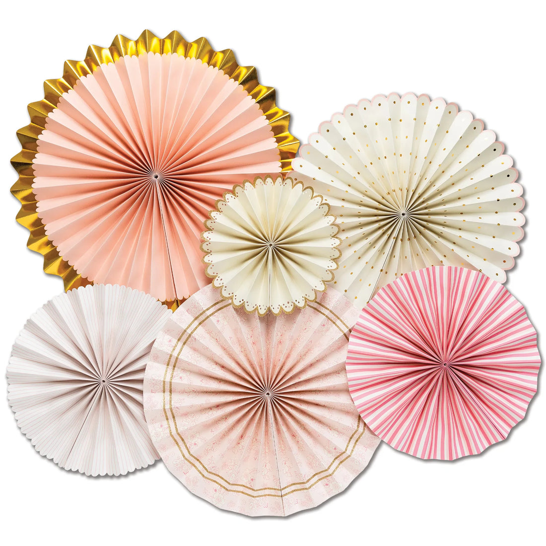 Paper fans in an assortment of pinks, creams and golds.