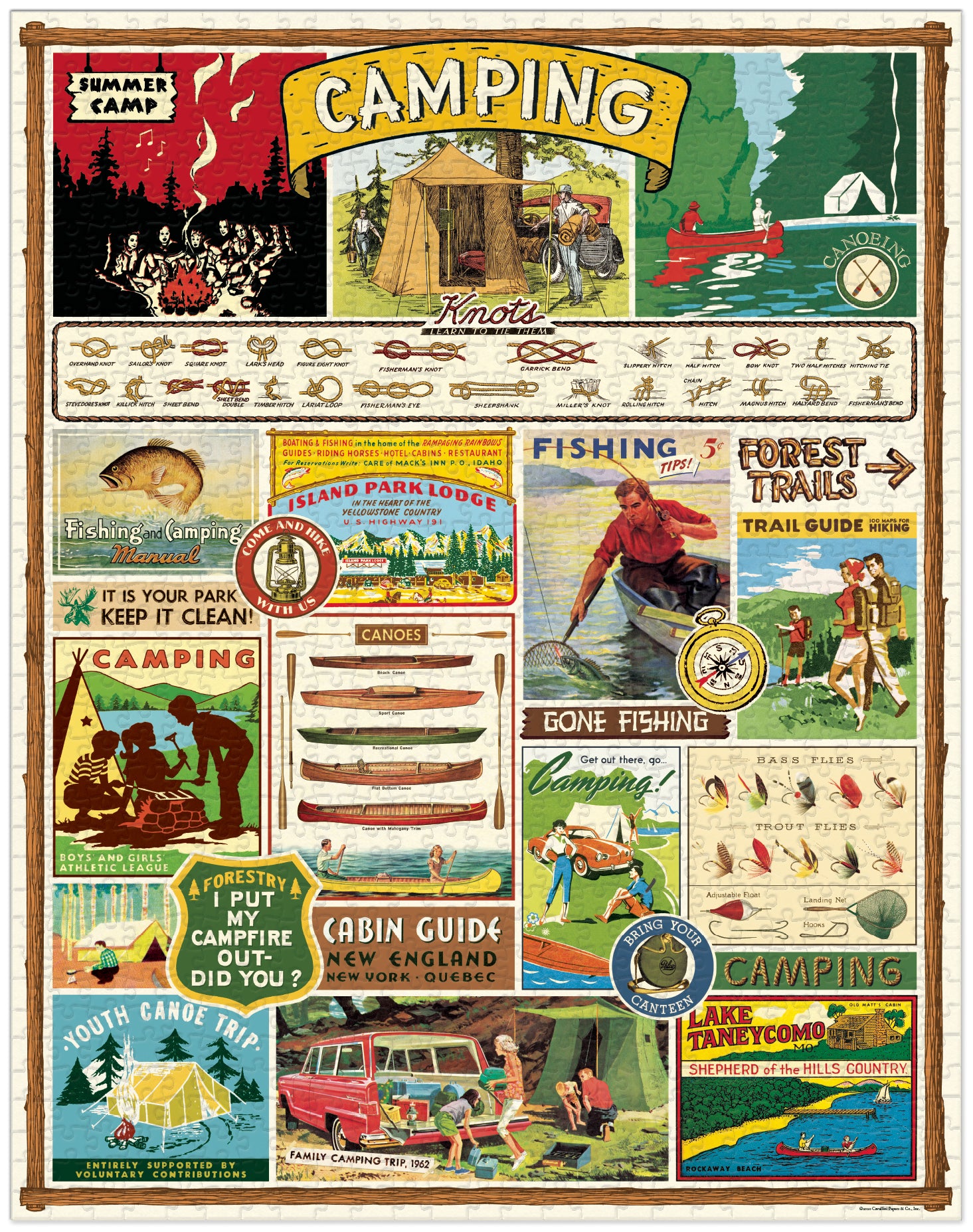 A 1000-piece Camping Puzzle featuring vintage illustrations of a camping theme, packed in a cylindrical container by Cavallini Papers & Co.