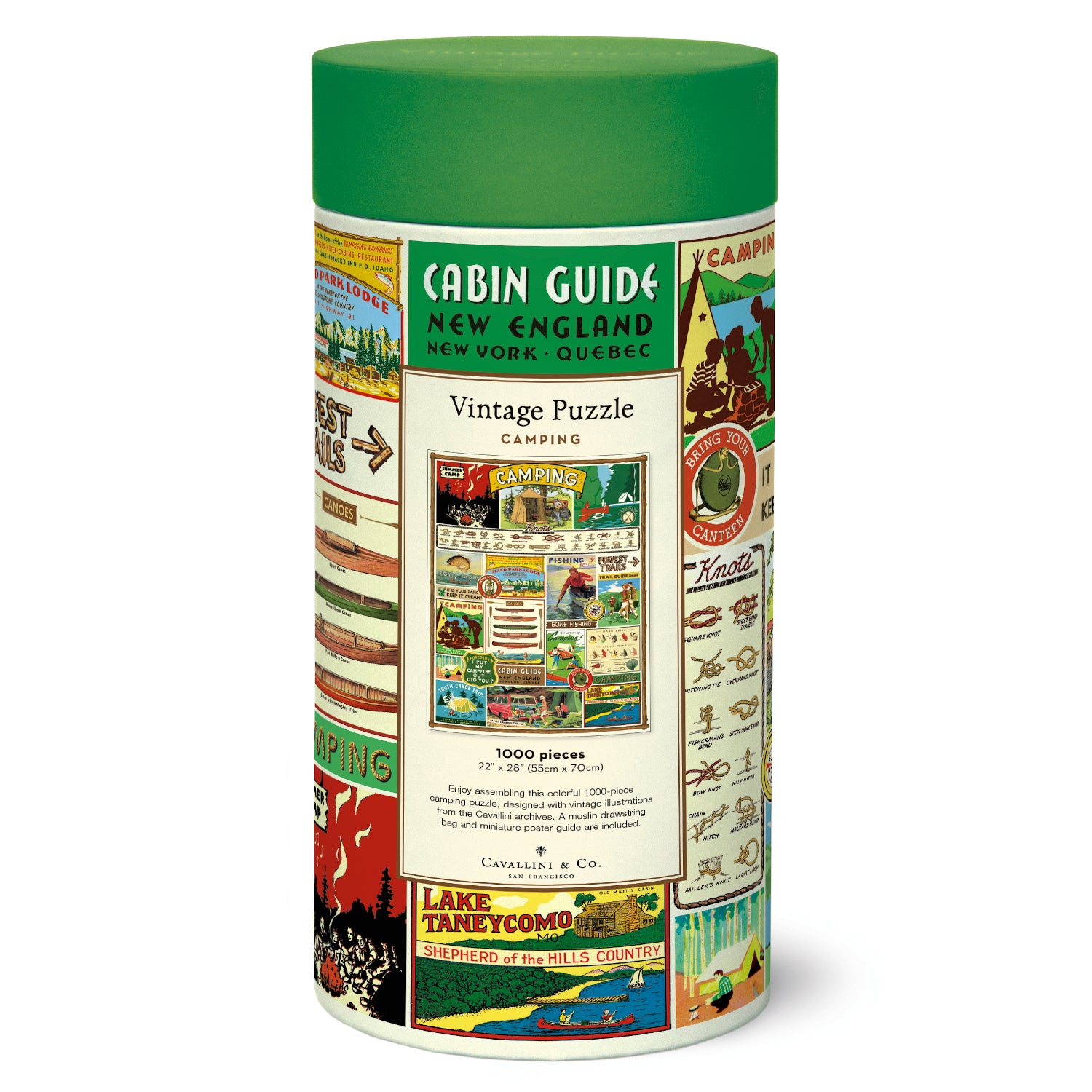 A 1000-piece Camping Puzzle featuring vintage illustrations of a camping theme, packed in a cylindrical container by Cavallini Papers & Co.