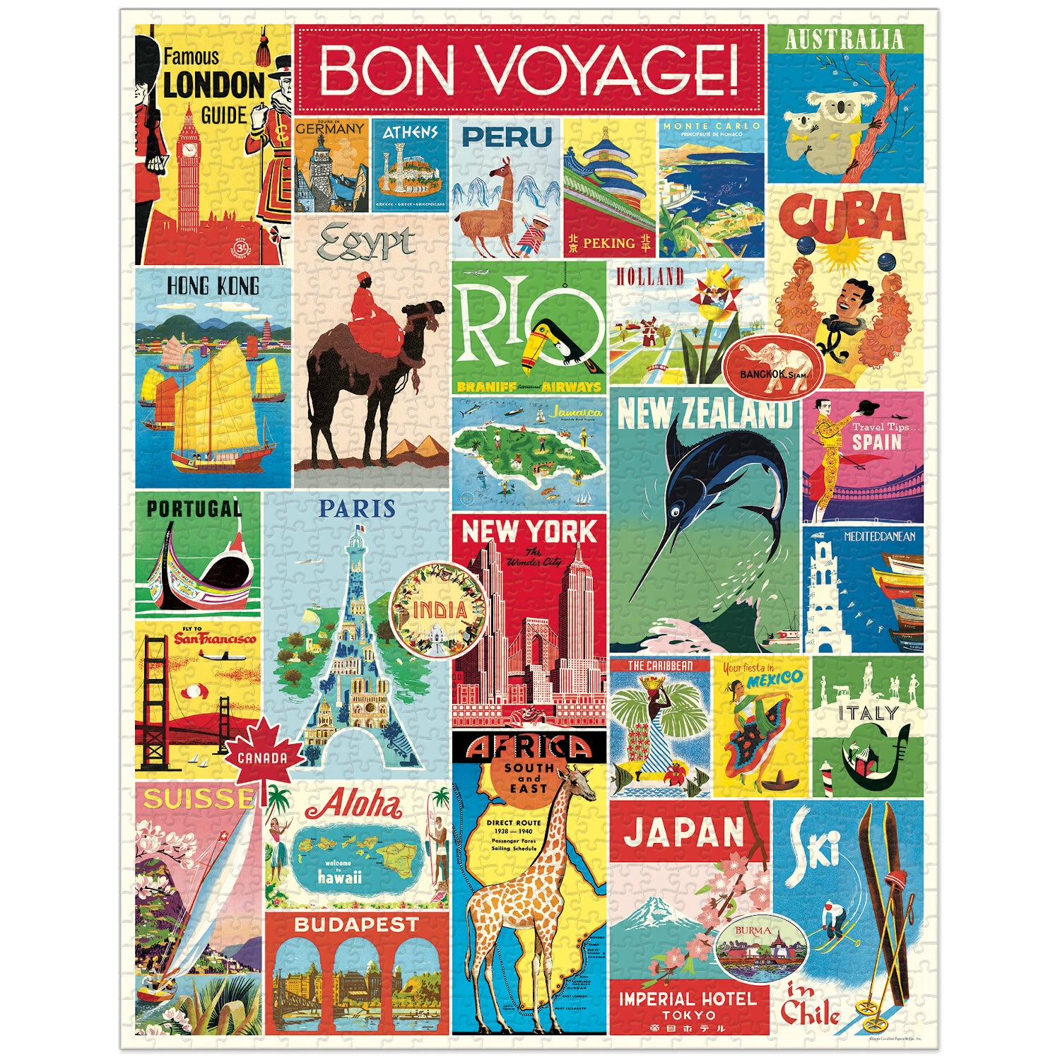 Bon voyage Cavallini Papers & Co vintage travel puzzle with illustrations.