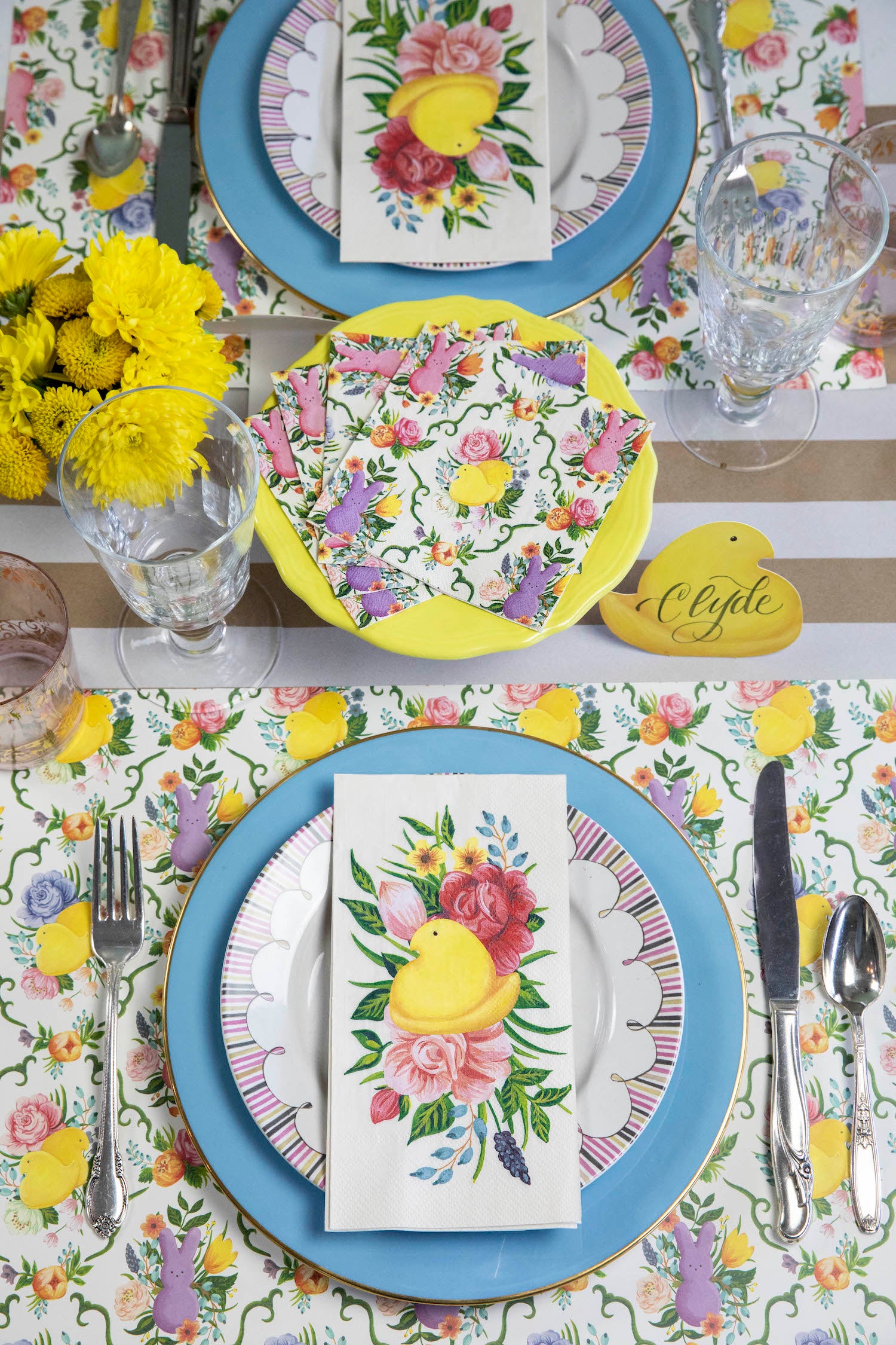 A whimsical Easter tablescape featuring Guest and Cocktail PEEPS® Napkins.