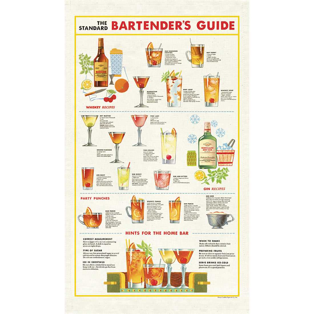 Vintage-style tea towel illustrating alcoholic beverage recipes from "the standard bartender&