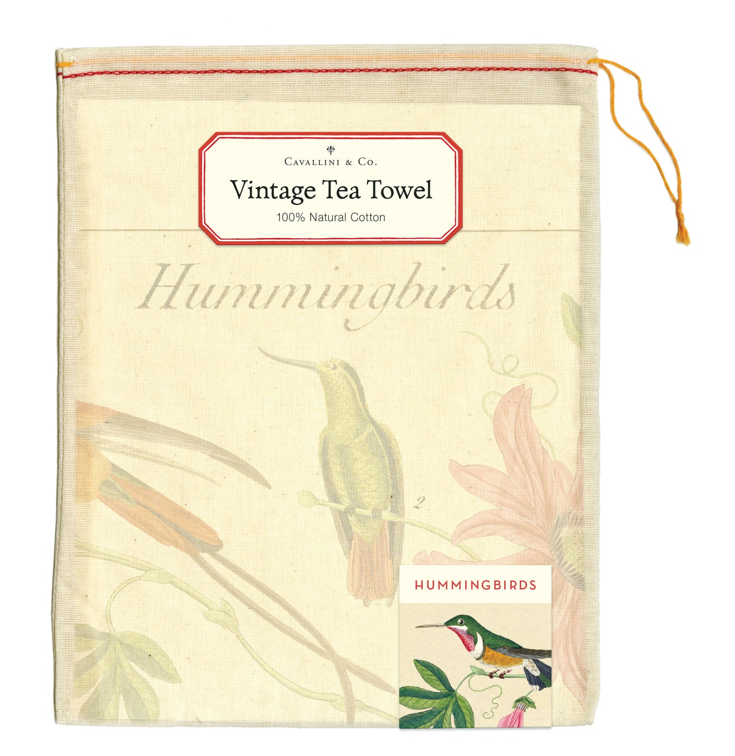A colorful Hummingbirds Tea Towel drawing on a natural cotton English tea towel by Cavallini Papers &amp; Co.