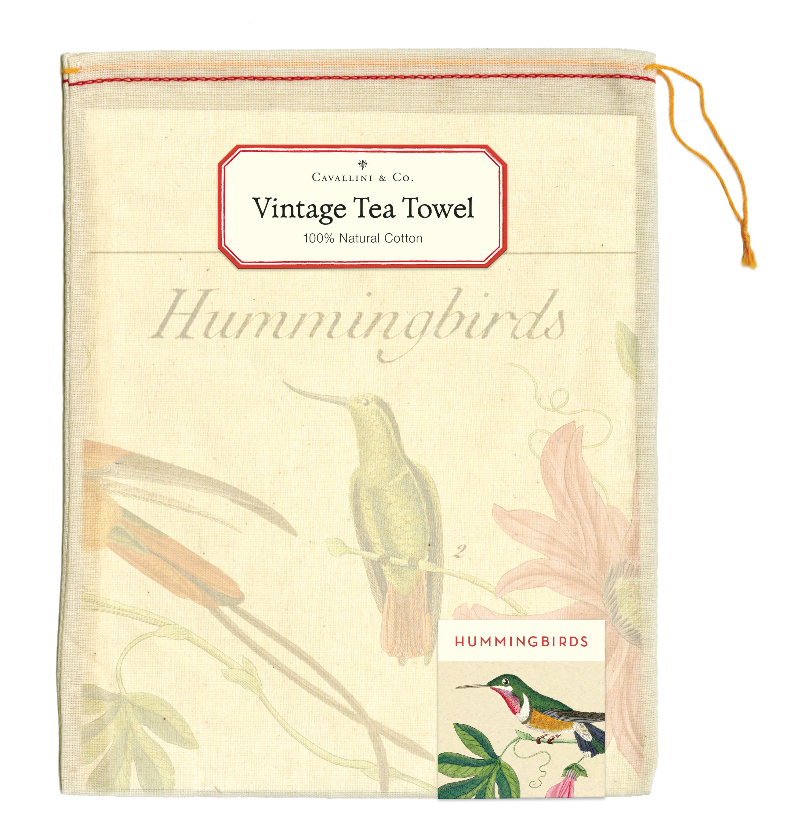 A colorful Hummingbirds Tea Towel drawing on a natural cotton English tea towel by Cavallini Papers &amp; Co.