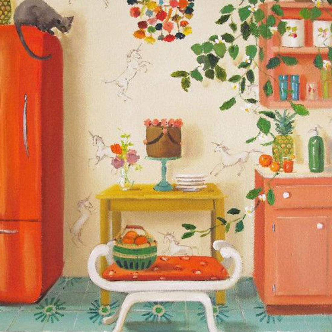 An Unicorns Small Art Print of a whimsical illustration featuring a colorful vintage kitchen with lively decorations and a cat on the refrigerator, by Janet Hill, created using Epson Ultrachrome archival inks.