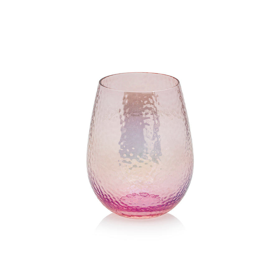 A pink and purple Luster Stemless Glassware wine glass on a white surface from Zodax.