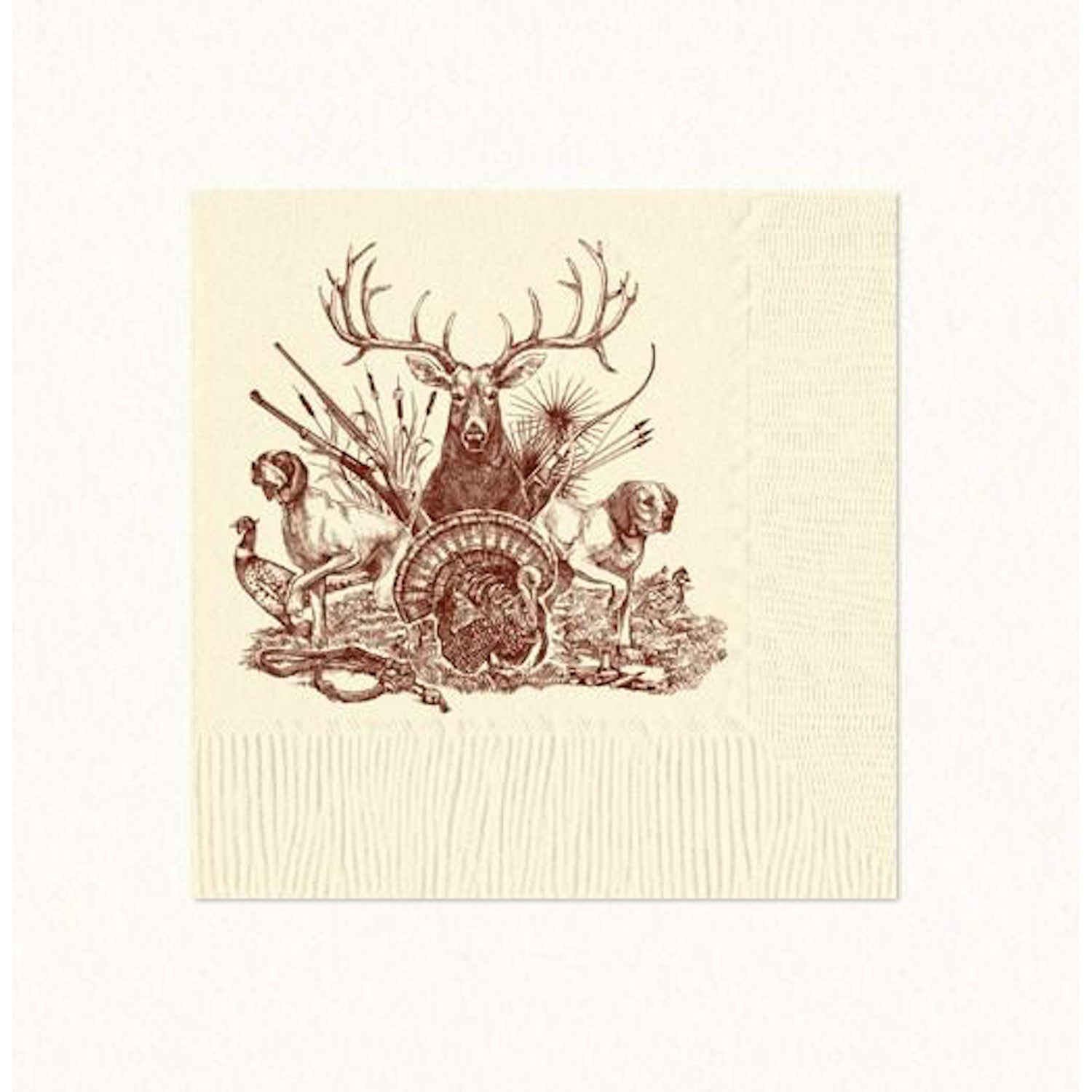 Cocktail napkin with artwork by Alexa Pulitzer of a stag, dogs, pheasants and a turkey and a hunting theme.