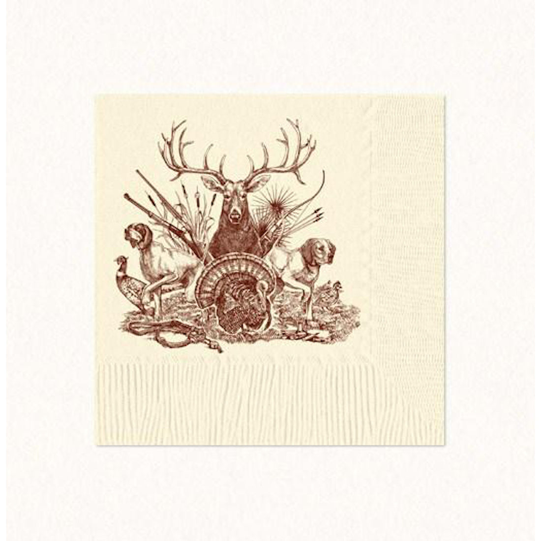 Cocktail napkin with artwork by Alexa Pulitzer of a stag, dogs, pheasants and a turkey and a hunting theme. 