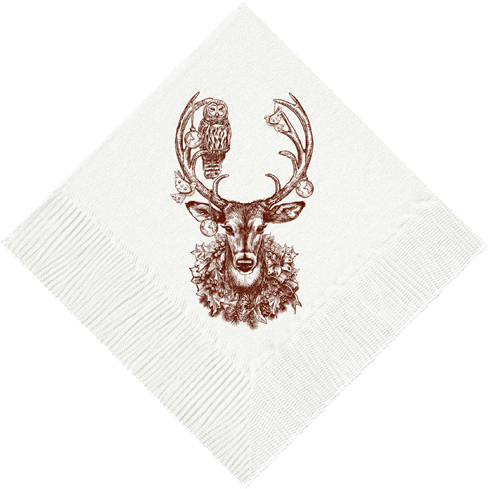 White napkin with artwork of a deer and owl design on a white background. 