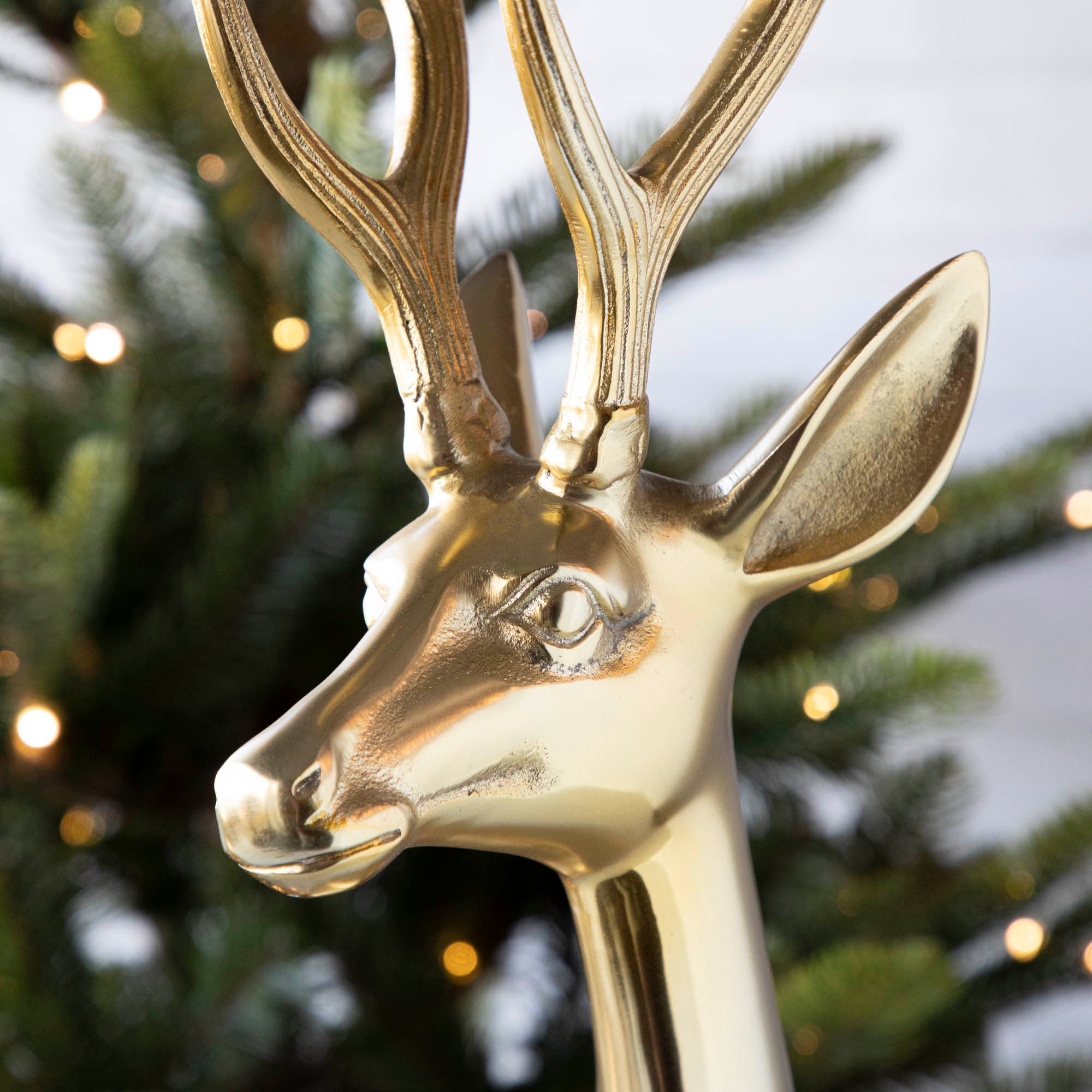 A close up of the buck showing its shiny brass coating and detailed antlers.