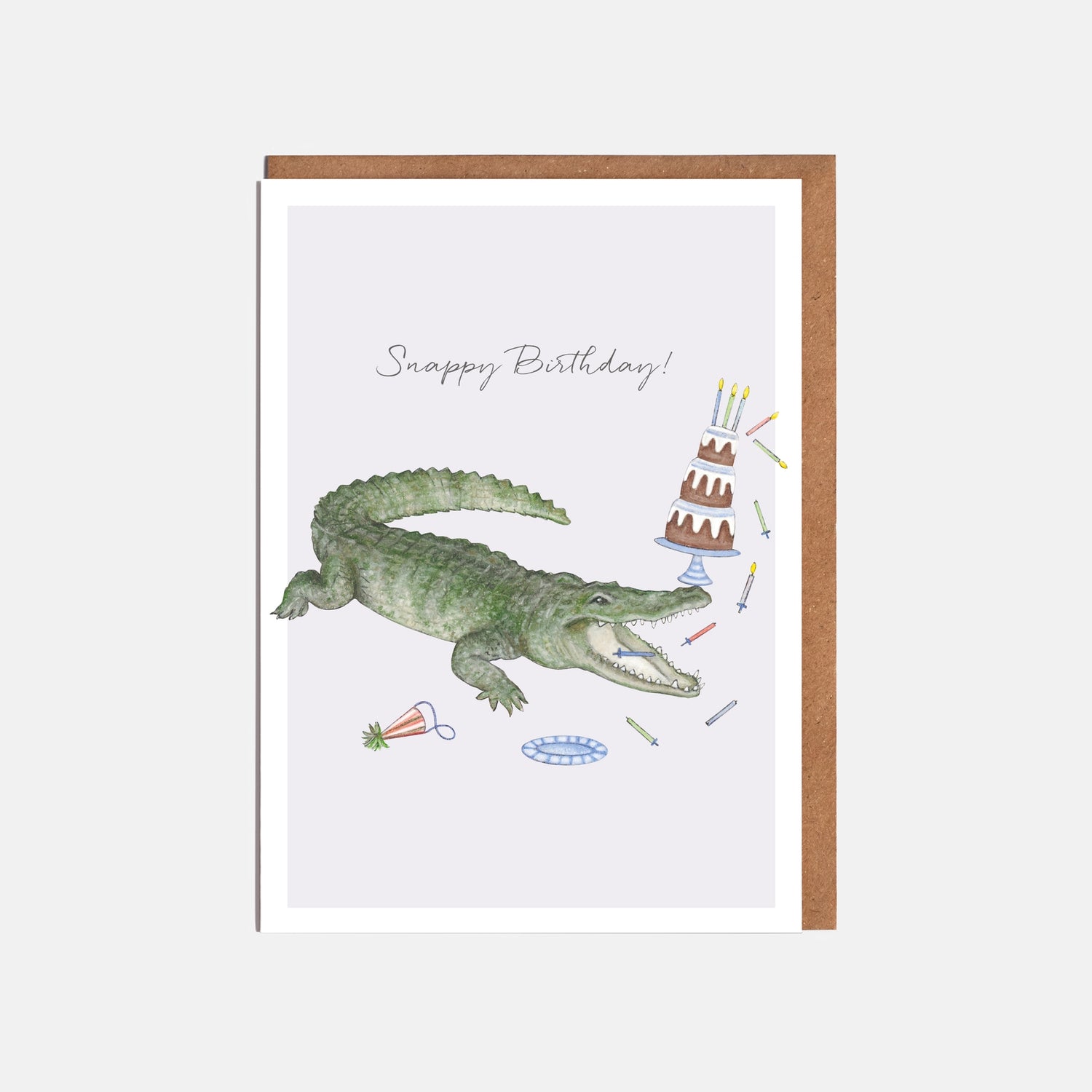 A whimsical, hand-drawn Lottie Murphy Crocodile Birthday Card with a crocodile on it.