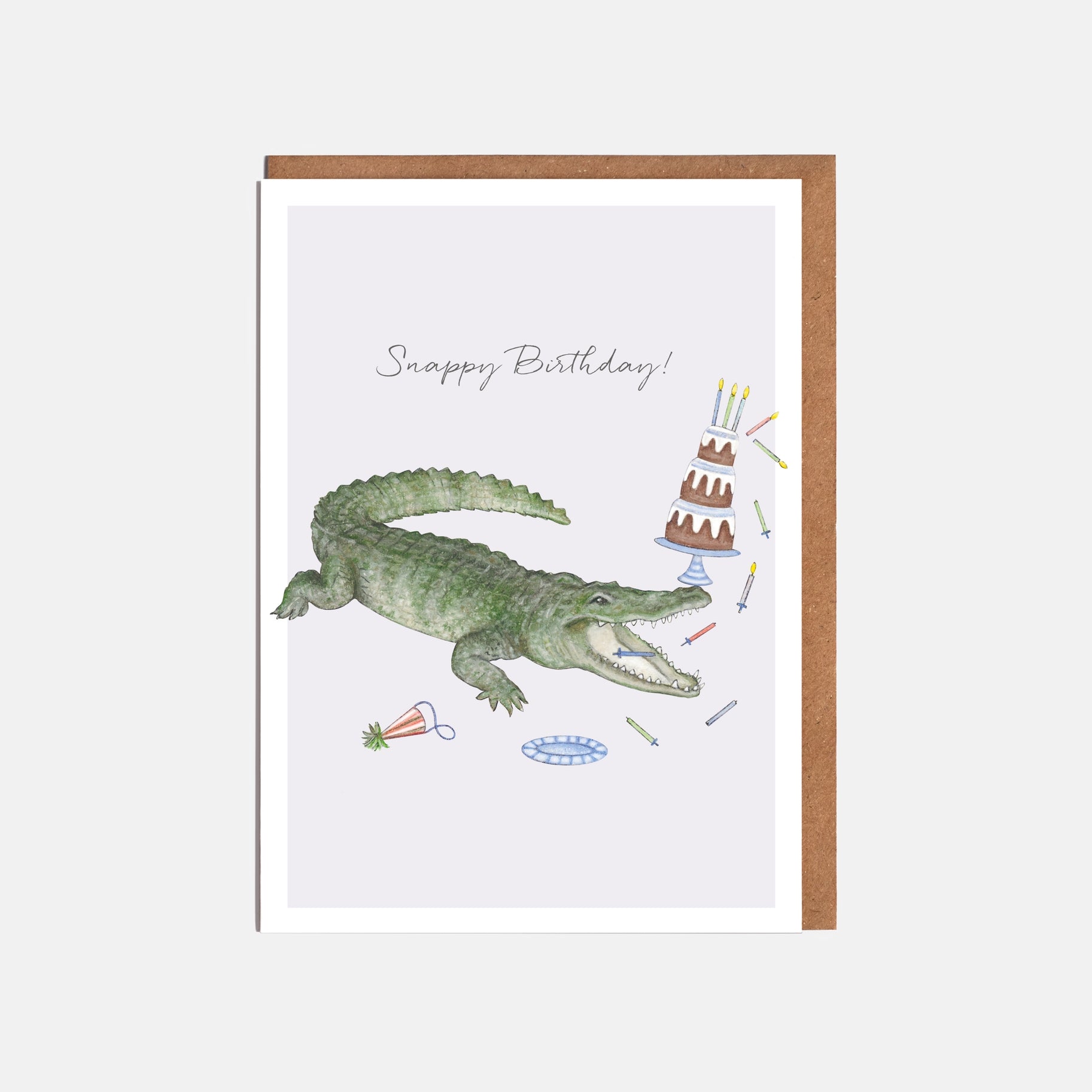 A whimsical, hand-drawn Lottie Murphy Crocodile Birthday Card with a crocodile on it.