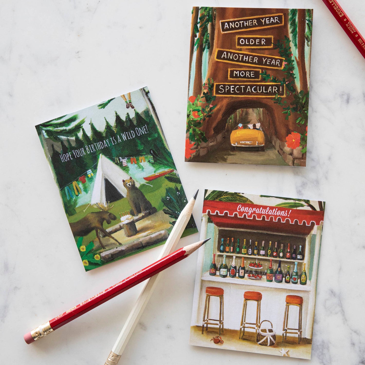 A Janet Hill Hope Your Birthday is a Wild One Card featuring a bear, moose, and a tent, crafted from recycled card stock.