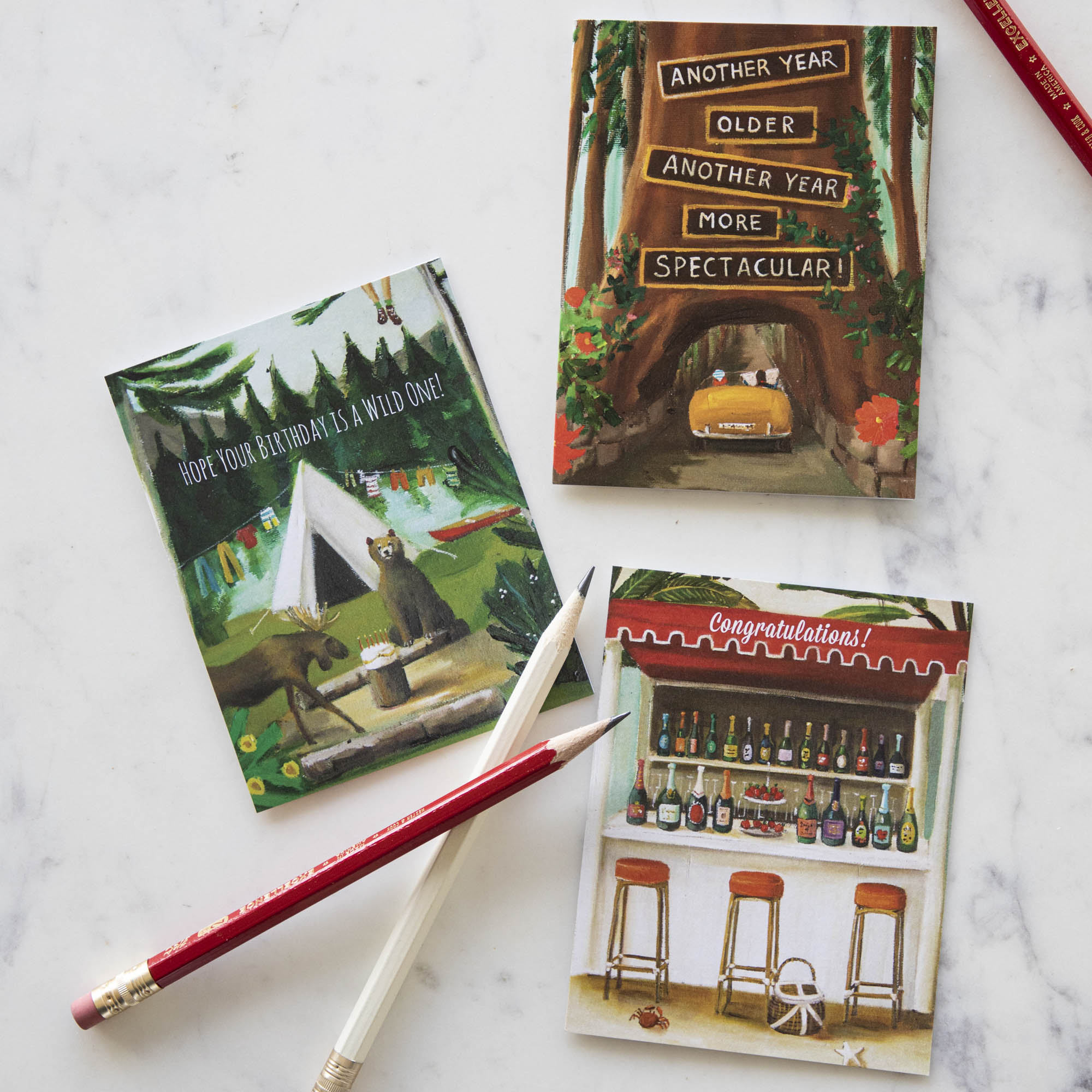 A Janet Hill Hope Your Birthday is a Wild One Card featuring a bear, moose, and a tent, crafted from recycled card stock.